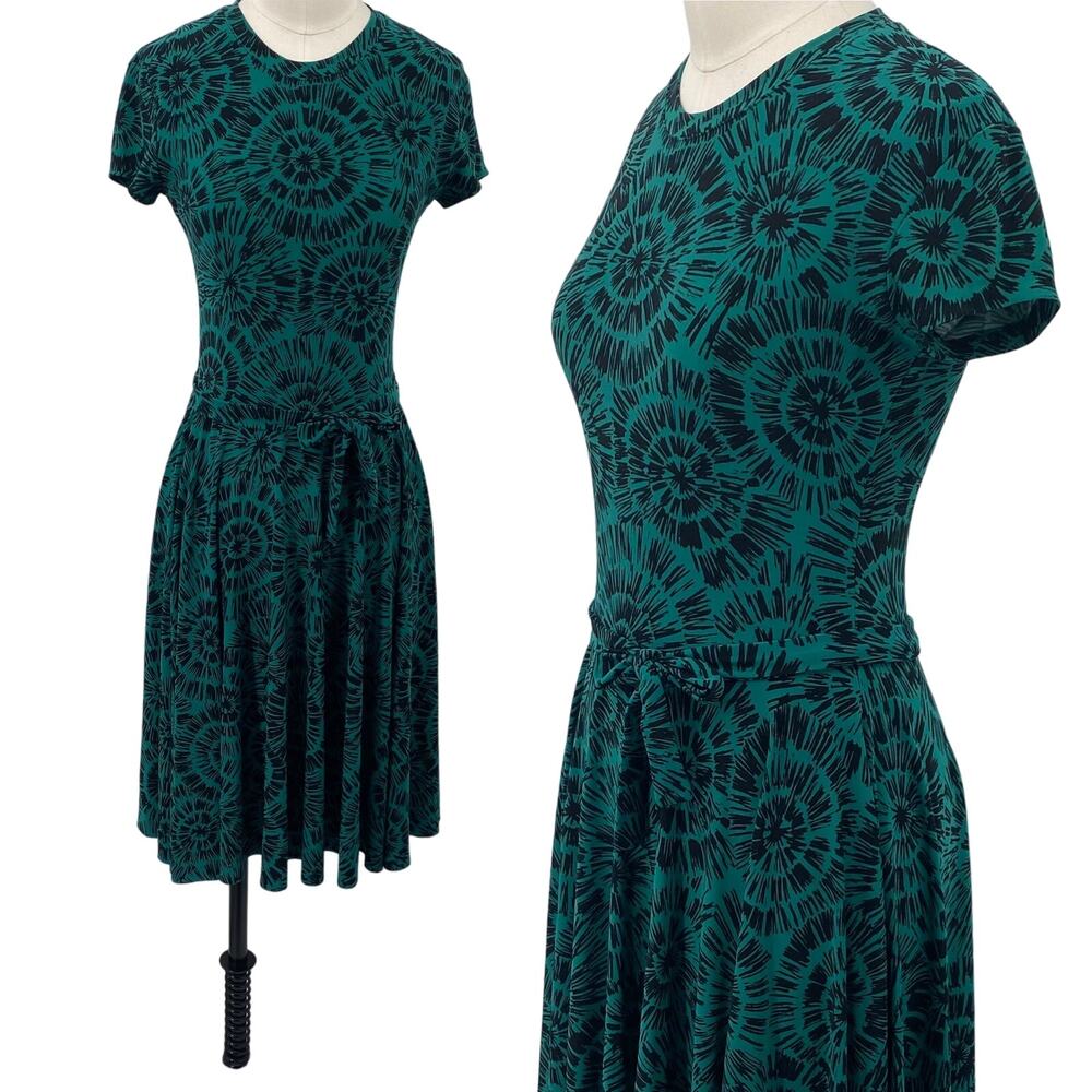 Norma Kamali Kulture Printed Dress Fit & Flare Tie Waist Stretch Knit XS